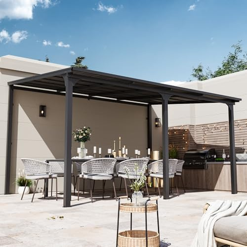 Modern Shade Terrassenüberdachung 3x4.3 m, Hardtop Wandmontierter Pavillon mit eingebautem Entwässerungssystem, Verzinktem Stahldach Anstellpavillon, Gartenpavillon für Hinterhöfe, Gärten Deck Veranda