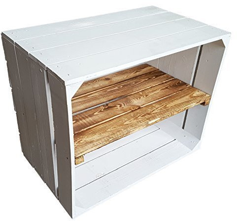flambierte/geflammte Bücherregal - Schuhregalkiste mit Zwischenbrett/Mittelbrett Einlage ca 50x40x30cm / Apfelkisten Weinkisten Holzkisten aus dem Alten Land (Weiss MIT GEFLAMMTER Einlage LÄNGS)