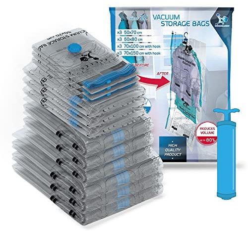 LaundrySpecialist SACCHETTI SOTTOVUOTO PER VESTITI x12 con pompa a mano libera - (3x XXXL, 3x XXL, 3x XL e 3x L) - Risparmia fino all'80% di spazio di stoccaggio