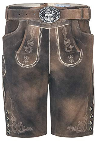 Herren Vintage Lederhose Steiermark kurz - Trachtenlederhose Antik Taupe inkl. Trachtengürtel Modell Steiermark (54, grau-braun)