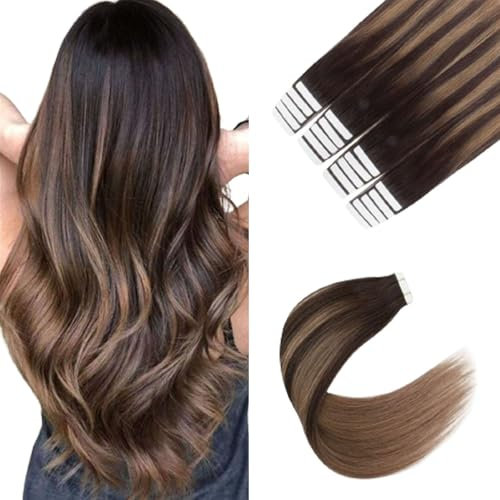 Sixstarhair Tape Extensions Echthaar Remy Unsichtbar Tape In Extensions Echthaar 20 StüCk 50 Gramm Dunkelbraun Verblasst Zu Kastanienbraunem Balayage #2/6