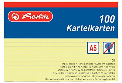 Herlitz Karteikarten A5, 170 g/m², holzfrei, 100er Packung, liniert (Gelb | Liniert, Menge: 1 Packung)