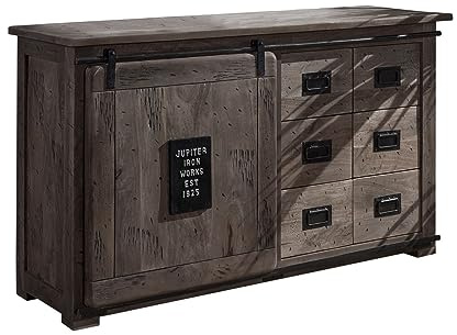 MASSIVMOEBEL24.DE | Railway breite Kommode aus Massivholz #221 aus Mangoholz - grau lackiert 140x45x85 cm 2 Fächer, 6 Schubladen - mit Schiebetür Sideboard Schrank