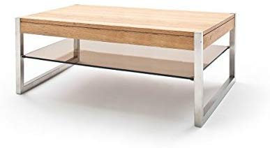 Couchtisch Lola II Glastisch Eiche massiv Metall Edelstahl 105x38x65cm Kaffeetisch Beistelltisch Stubentisch Wohnzimmertisch Sofatisch Wohnzimmer
