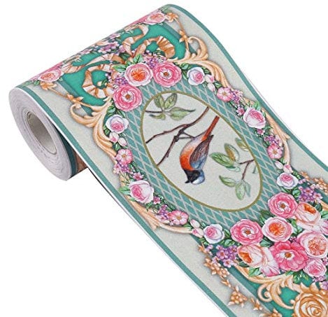 3D Wall Paper Border Self Stick Wall Covering PVC Floor Borders for Kitchen Bathroom Bedroom Wall Decor Paper, 3.94 Inch by 32.8 Feet (Green Bird)