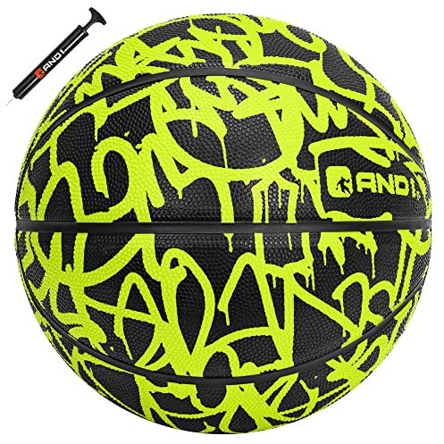 AND1 Fantom Rubber Basketball & Pump (Graffiti Series)- Official Size 7 (29.5”) Streetball, Made for Indoor and Outdoor Basketball Games (Volt)