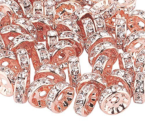 PandaHall About 50 Pcs 10mm Rose Gold Round Crystal Rondelle Spacer Beads Clear Czech Rhinestone for Jewelry Making