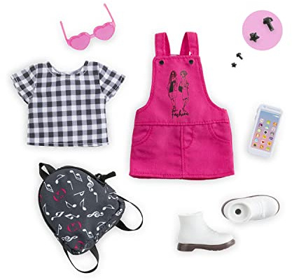 Corolle 9000610020 - Girls Zubehörset Musik und Fashion, Trendy Outfit mit Ohrringen, Sonnenbrille, Handy und Rucksack, 9 Teile, für alle 28cm Corollepuppen, ab 4 Jahren