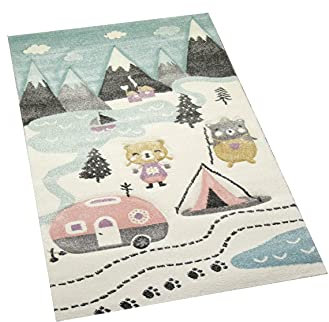 CARPETIA Teppich Kinderzimmerteppich Kinderzimmer Teppich Camping Zelt Bären Berge Wohnwagen Tannen Fluss Creme pink grau Größe 80x150 cm