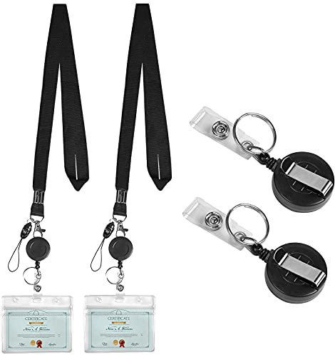 2 Pezzi Porta Badge Retrattile, Retrattile Bobina Clip ID Badge con Portachiavi Porta Badge Plastica Rigida con la Cinghia del Collo, per Carta di Ufficioe Scuola (Nero)