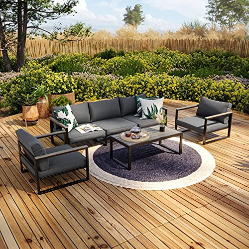 Avril Paris Salon de Jardin Exterieur en Aluminium - 5 Places - Ensemble Meuble Salon Complet Gris - 2 Fauteuils de Jardin - 1 Canapé 3 Places - 1 Table Basse – Vincennes