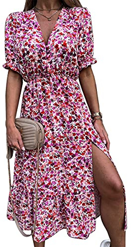 Onsoyours Femmes Décontracté Manches Courtes Taille Élastique Plaid Imprimé Boutonné Robe A-Ligne avec Poche Robe De Plage 1 Rose Rouge 38