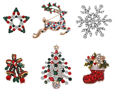 Emibele 6 Stücke Weihnachten Broschen, Funkelnde Strass Kristall Broschen Set für Kleid Dekorationen Christmas Urlaub Party (Weihnachtsbaum, Rentier, Stiefel, Schneeflocke, Weihnachtsglocken, Stern)