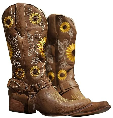 Onsoyours Santiags Femme Cuir Moto Vintage Boot Equitation Bottes de Chevalier Broderie Rétro Confort Santiag Botte Larges Cowboy Western Bottes Montantes à Talons Bas B Marron 38 EU