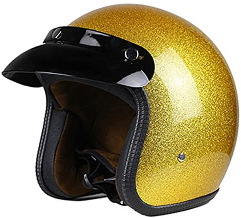 BaoFuStore Vintage Motorrad Jethelm, Erwachsene 3/4 Halbschale Motorradhelm, Glitzer Retro Moped Motorradhelm Neuheit Mode Für Roller Chopper Jet Pilot Bobber DOT/ECE,Gelb,M