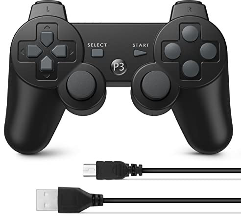 Powerextra Controller Wireless Compatibile con Playstation 3 PS3, con Joystick Aggiornato Batteria Ricaricabile Controllo del Movimento Doppio Shock per PS3 (Nero)