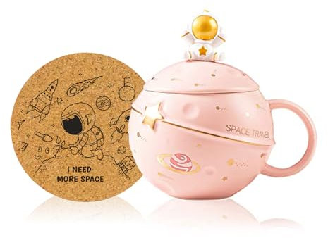 Kawaii Astronaut Tasse Planet Tasse mit Weltraum Prägung Süße Kaffeetasse aus Keramik Neuheit Becher mit Deckel und Löffel für Kaffee, Tee und Milch Lustiges Geschenk Geburtstag (Rosa)