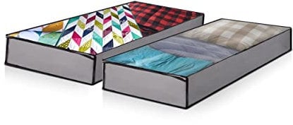 K-One Set of 2 UnderBed Foldable Storage Bags Large Capacity Clothes Blankets Duvet Bedding Storage Organizer Bags With Zip 106 x 45.5 x 15cm Clear Window With Carry Handles (GREY)