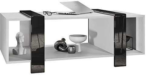 Vladon Couchtisch Ida 110,5 x 42 x 56,5 cm Wohnzimmertisch mit DREI Fächern, Korpus in Weiß matt, Blenden in Schwarz Hochglanz | Große Farbauswahl
