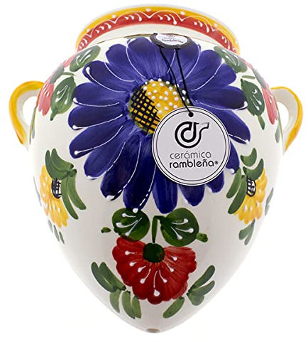 CERÁMICA RAMBLEÑA | Maceta Colgante orza | Maceta de Barro para Colgar | Maceta Pared orza Decorado Flores - Modelo D123 | 100% Decorada a Mano | 22x16x24 cm