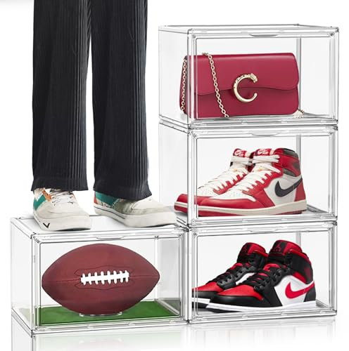 EDS FAM Acryl-Schuhboxen, Sneaker-Aufbewahrung für Sneakerheads, transparenter Kunststoff, stapelbar, für Stiefel, Schuhe, Sammlerstücke, Vitrine, Größe 42, 4 Stück