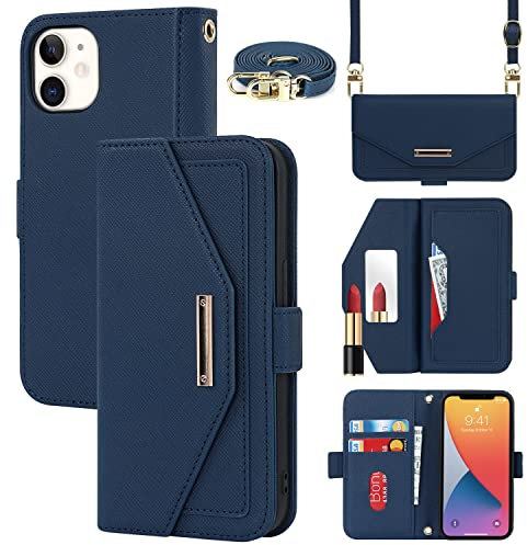 Cavor Case compatible with iPhone 12 Mini Phone Case With Strap,Crossbody Flip Leather Wallet Case,[5 Card Holder][Mirror][Magnetic],Lanyard Case Cover for women - Blue