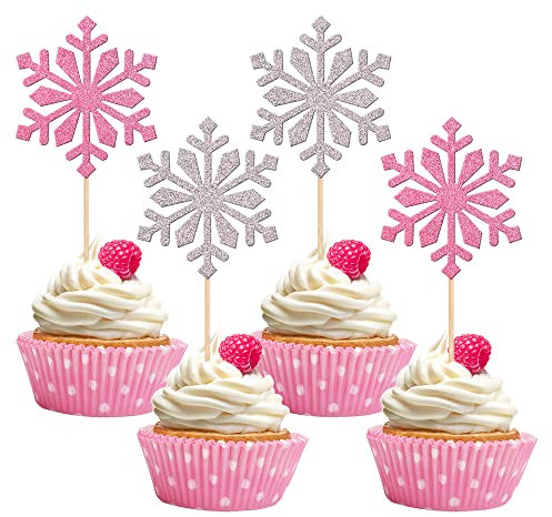 Schneeflocken-Cupcake-Aufsätze, Glitzer, Winter, Eiskönigin, Schneeflocke, Cupcake-Picks für Winterwunderland, Babyparty, Geburtstag, Weihnachten, Party, Kuchendekorationen, Zubehör, Silber/Rosa, 30