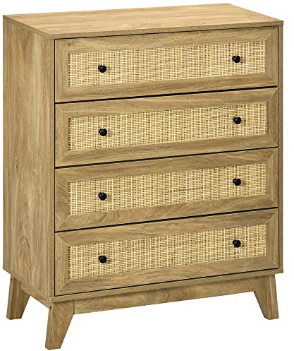 HOMCOM Commode étroite avec 4 tiroirs avec façades en rotin et pieds surélevés 80 x 35 x 95 cm Naturel