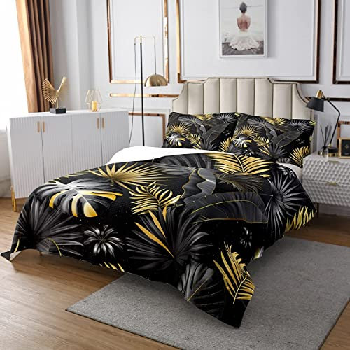Palmenblättern Tagesdecke 240x260,Tropische Botanisches Dschungel Gesteppt für Kinder Mädchen Frauen Erwachsene,Pflanze Baumblatt Unkraut Tagesdecke,Pastoraler Stil Tagesdecke Quilt-Set,Gold Schwarz