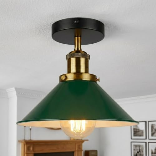 Green Semi Flush Metal Cone Shade Ceiling Light 22cm with Bulb Indoor | E27 vintage close to ceiling light fitting hardwired easy fit industrial for kitchen bedroom dining room living room hallway