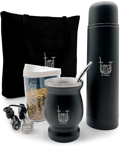 Komplettes Yerba Mate Kit – inklusive Mate-Becher, Strohhalm (Bombilla), 750 ml Thermoskanne, Beutel und zwei Geschenken (Behälter Yerbero und Auto-Tauchheizung) – Yerba Mate Set aus Edelstahl