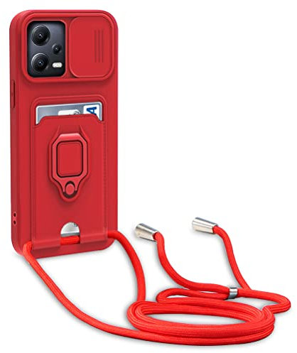 yanasuo Schiebe Kameraschutz Silikon Handykette Hülle kompatibel mit Xiaomi Poco X5 5G/Redmi Note 12 5G, Metall Ring Halter Handy Cover,Verstellbarer Halskette Handyhülle-Rot