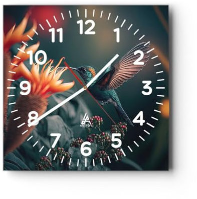 Modern Wanduhr Vogel Exotisch Blume 30x30cm Quadrat Klein Wand Uhr Glas Analog Zimmeruhren Küche Büro Wohnzimmer Glasuhr Wall Clock Dekoration Design Wanddekoration Küchenuhr C4AC30x30-5729