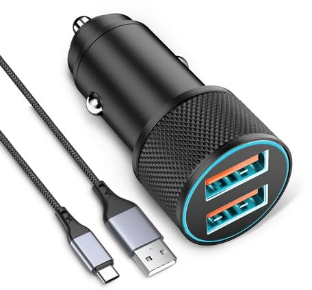 Zigarettenanzünder USB Adapter für iPhone 16 15 Pro Max16e, Samsung Galaxy S25 S24 S23 S22 Ultra, Google Pixel 9/8/7, 36W 12V/24V Auto Steckdose 2-Port -QC Kfz Ladegerät und 1m Kabel Typ-C