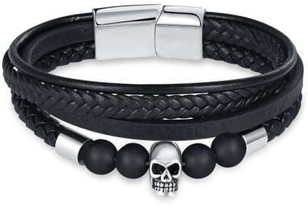 INFINIONLY Herren Mehrschichtiges Geflochtenes Leder Armband Fashion Edelstahl Perlen Armbänder mit Mini Totenkopf für Jungen mit Edelstahl Schnalle