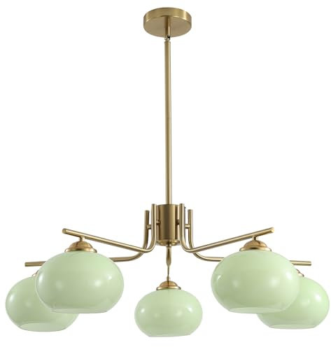 KCO Lighting Green Glass Pendant Light 5 Light Large Globe Chandelier Brushed Brass Sputnik Chandelier Mid Century Modern Chandelier Light Fixture for Dining Room Bedroom