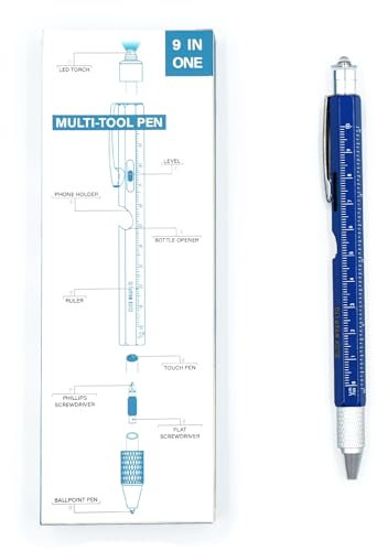 Blue 9 in 1 Multi Tool Pen Gadget for Men, Gift for Him, Dad DIY Tool Kit, Screwdriver, Ruler Ballpoint, Bottle Opener, Level Tool
