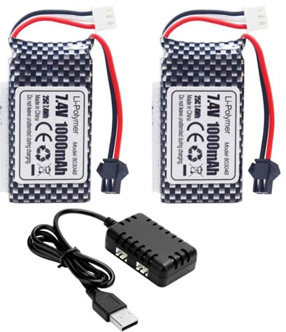 ZYGY 2PCS 7.4V 1000mah 2S Batterie Lipo avec Prise SM-2P et 1PCS 2 in 1 Chargeur pour 1601AMP 1601AMP2 1601AMP3 Véhicule RC télécommandé Véhicule RC amphibie Bateau télécommandé Drone