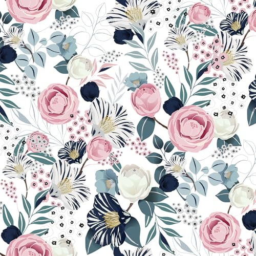 VaryFloral Papier Peint Fleuri Pivoine Papier Peint Adhesif 30.5cmx300cm Papier Peint Autocollant Feuille Aquarelle Marine Rouleau Adhesif Decoratif Film Adhesif pour Meuble Salon Chambre