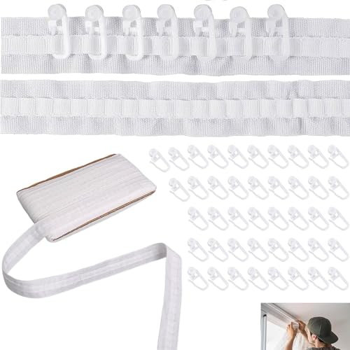Gardinenband Kräuselband, Faltenband Falten, Abnehmbar Gardinenband, mit 50 Stück Vorhanghaken, für Vorhängen, Hängenden Tüchern und Duschvorhängen, 30m x 2,5cm, Weiß