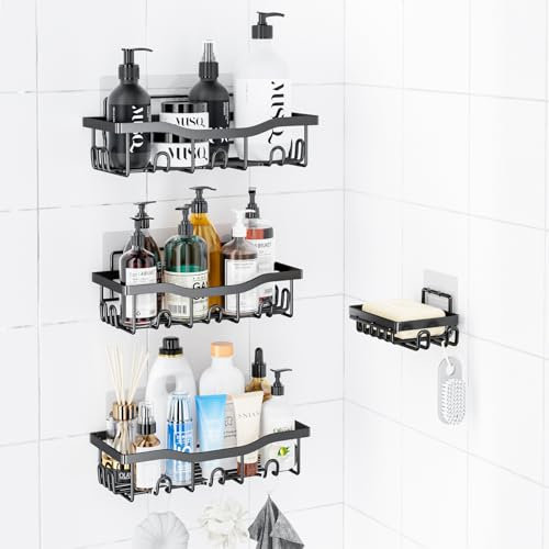 PKPD Rustproof Stainless Steel Shower Caddy 4 Pack, Bathroom Storage Accessory Shelf Organiser No Drilling Hanging, Soap Holder Set, Kitchen Wall Mounted Corner Decor, Black