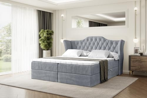 ALTDECOR Boxspringbett mit Matratze und Lattenrost, Boxbett, Topper, Polsterbett mit Bettkasten, Bett mit Stauraum H4-Matratze, Doppelbett, Springboxbett - Vila - 180x200 - Grau Samt