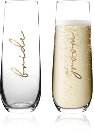 GroomBrideGifts Bride and Groom Champagne Glasses,Mr and Mrs Champagne Flutes Set of 2, Wedding Bridal Shower Gifts, Engagement Gifts for Couples