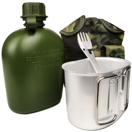 Hsthe Sea Juego de Botellas de Agua Militares Juego de Botellas de Agua para Acampar con Botella de Agua de 1 litro Botella de Agua Militar de Aluminio Plegable con Asa Bolsa de Almacenamiento