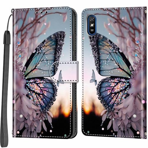 Salanheo Handyhülle für Xiaomi Redmi 9A Hülle, Schmetterlingsflügel | Magnetische, Stoßfeste Faltbar Klapphülle, Standfunktion, Kartenfächern, Geldbeutel, PU Lederhülle, Handytasche