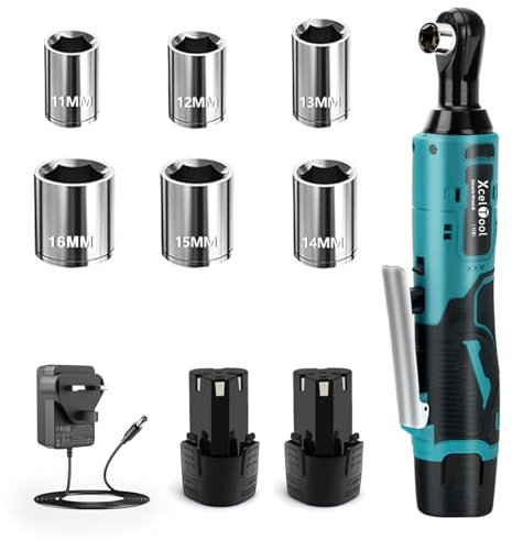 Funnyway Clé à cliquet sans fil 3/8, cliquet sans fil 12 V avec 2 batteries Li-Ion de 2000 mAh et chargeur rapide, couple maximal 45 N.m, cliquet électrique 0-300 tr/min avec lumière LED et 6 prises