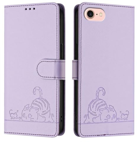 JZ Kunstleder Flip Cover Geldbörse Fall [Lazy Cat][Wrist & Neck Strap][Card Holder][Kickstand] Für iPod Touch 7/6/5 Case - Violet