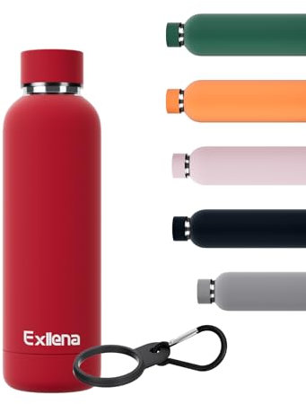Exllena Insulated Water Bottles 500ml with Clip, Double Wall Vacuum Drinks Bottle Keeps Drinks Cold 24 Hrs/Hot 12 Hrs, Stainless Steel Water Bottle BPA Free (Red)