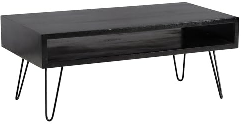 FineBuy Couchtisch 100x50x40 cm Mango Massivholz Schwarz, Hairpin | rechteckiger Wohnzimmertisch mit Ablagefach, Sofatisch aus Echtholz, handgefertigt, jedes Stück ein Unikat