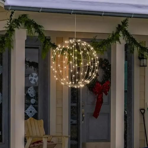 Indoor Outdoor Light up Spheres, Prelit Outdoor Ornament Balls, LED Christmas Light Balls, Hanging Tree Globe Light Fold Flat Metal Frame Ball Light for Indoor Outdoor Holiday Decor (Warm)